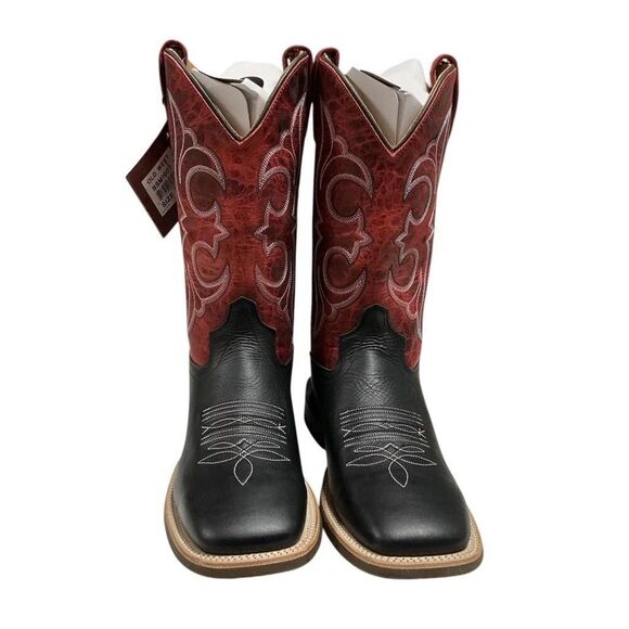 Old West Cowboy Boots Men 7.5 Red Black Leather Square Toe Embroidery Western